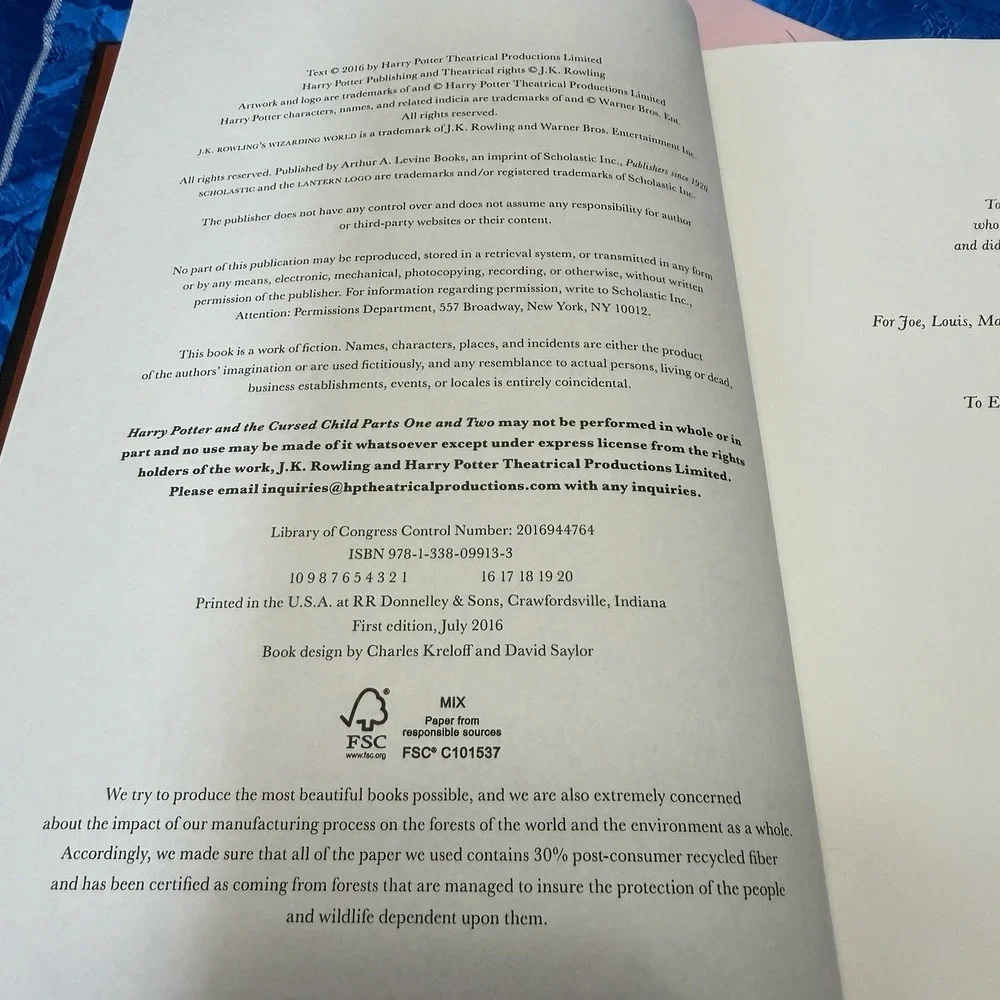 1st Edition Harry Potter and the Cursed Child By Jk Rowling Special Rehearsal Ed